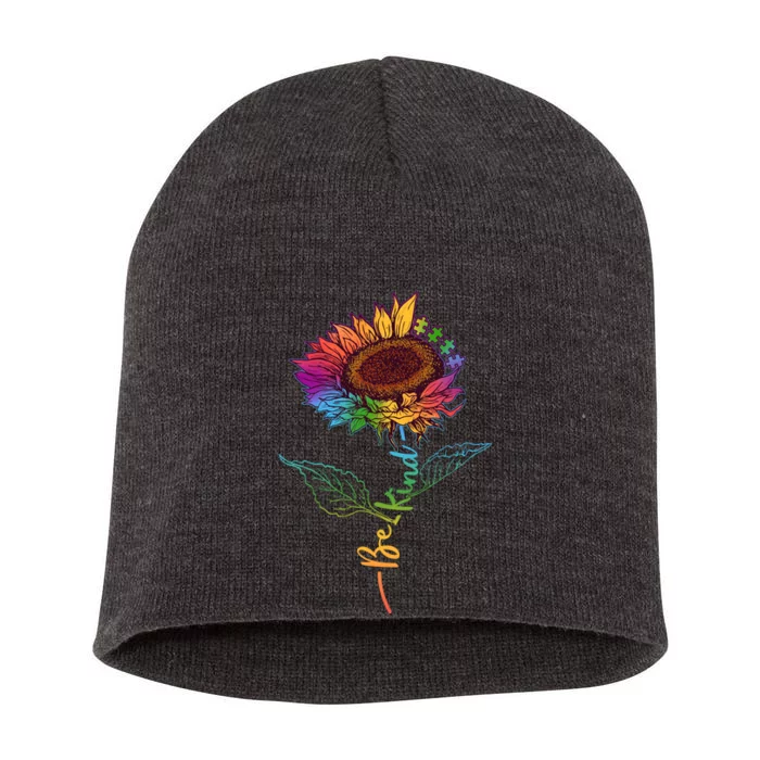 Cute Colorful Be Kind Rainbow Sunflower Puzzle Pieces Short Acrylic Beanie