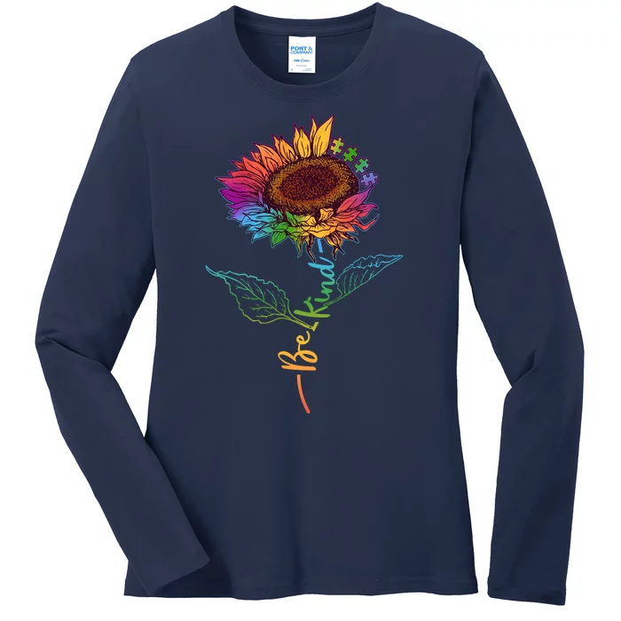 Cute Colorful Be Kind Rainbow Sunflower Puzzle Pieces Ladies Long Sleeve Shirt