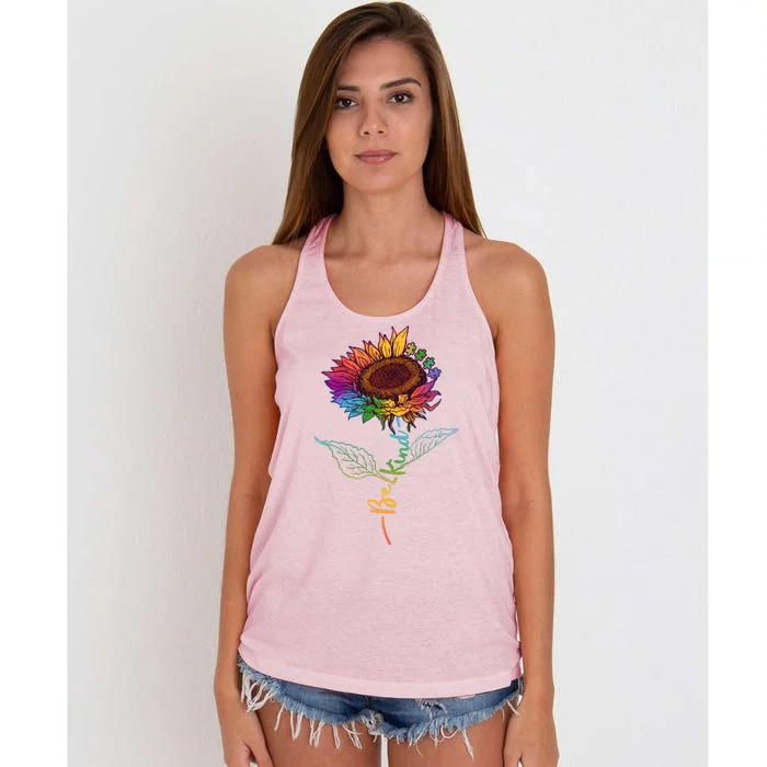 Cute Colorful Be Kind Rainbow Sunflower Puzzle Pieces Women's Knotted Racerback Tank