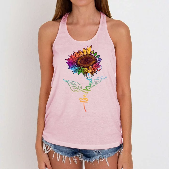 Cute Colorful Be Kind Rainbow Sunflower Puzzle Pieces Women's Knotted Racerback Tank