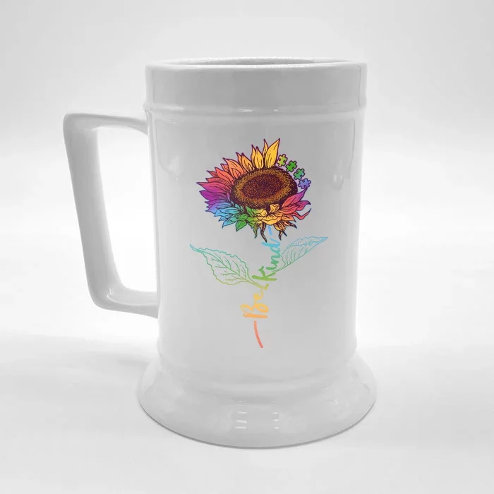 Cute Colorful Be Kind Rainbow Sunflower Puzzle Pieces Front & Back Beer Stein