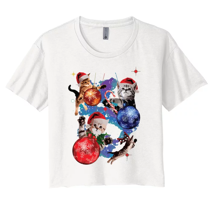 Cute Christmas Cats In Space Ornaments Graphic Women's Crop Top Tee