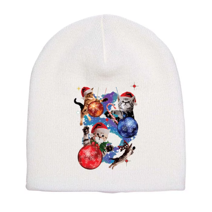 Cute Christmas Cats In Space Ornaments Graphic Short Acrylic Beanie