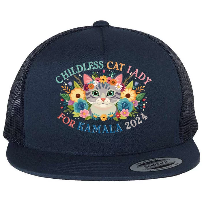 Cute Childless Cat Lady For Kamala Harris 2024 Election Flat Bill Trucker Hat