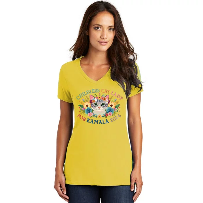 Cute Childless Cat Lady For Kamala Harris 2024 Election Women's V-Neck T-Shirt