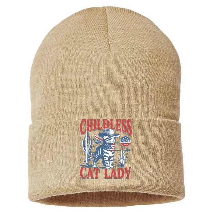 Cowboy Cat Childless Cat Lady For Kamala Election Voting Sustainable Knit Beanie