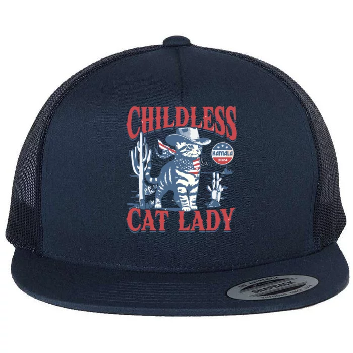 Cowboy Cat Childless Cat Lady For Kamala Election Voting Flat Bill Trucker Hat