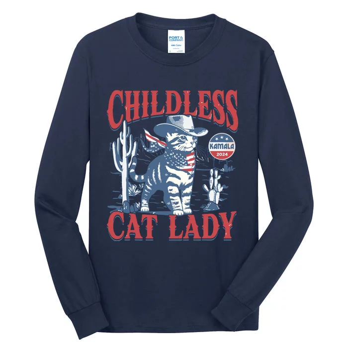 Cowboy Cat Childless Cat Lady For Kamala Election Voting Tall Long Sleeve T-Shirt