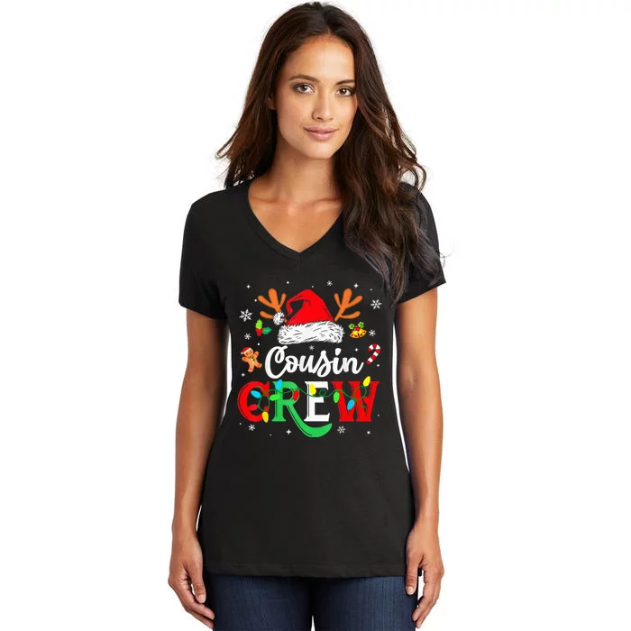 Christmas Cousin Crew Reindeer Santa Hat Lights Kid Teens Women's V-Neck T-Shirt