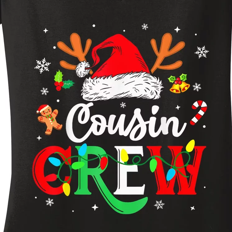 Christmas Cousin Crew Reindeer Santa Hat Lights Kid Teens Women's V-Neck T-Shirt