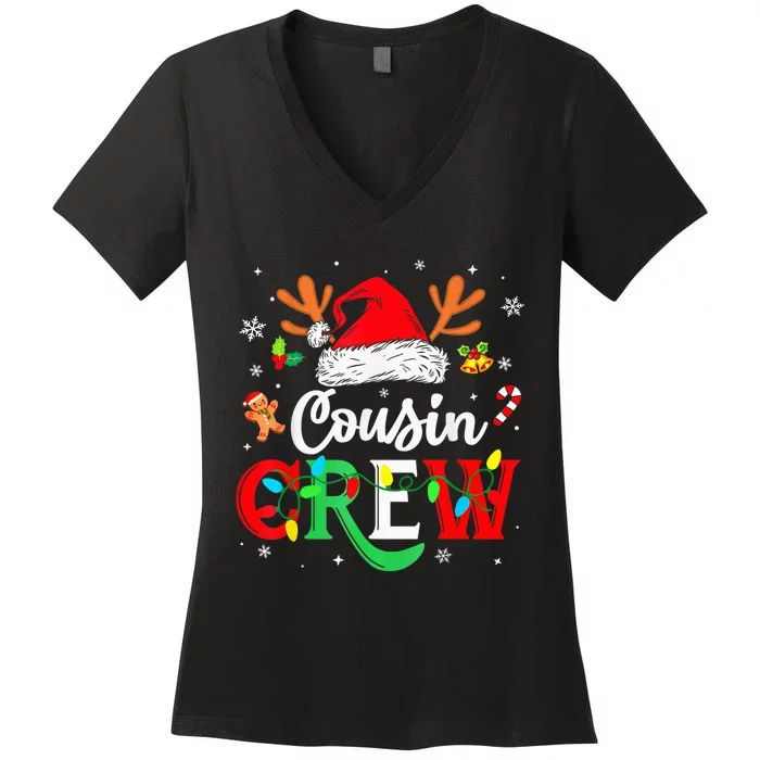 Christmas Cousin Crew Reindeer Santa Hat Lights Kid Teens Women's V-Neck T-Shirt