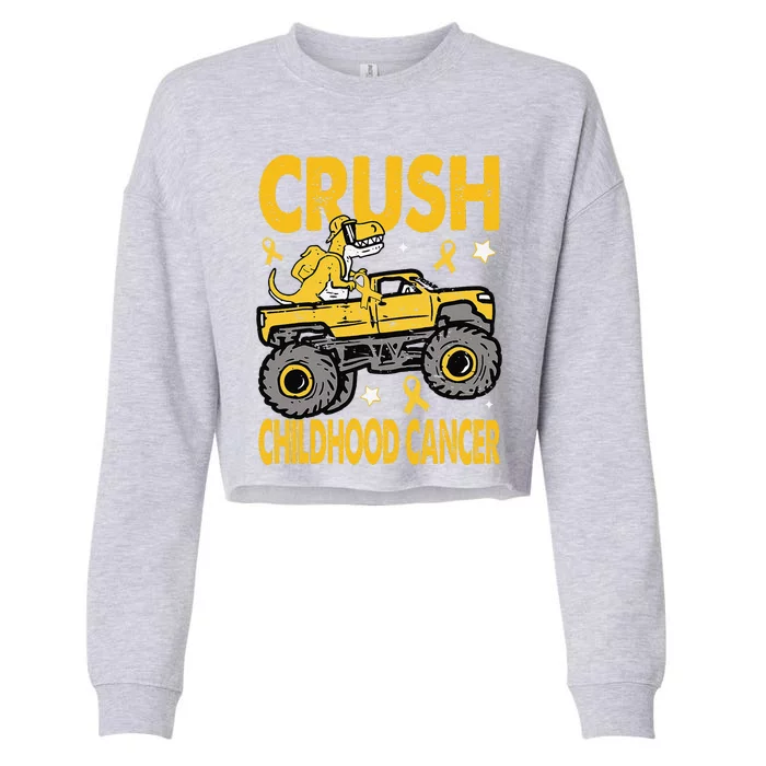 Crush Childhood Cancer Awareness Monster Truck Dinosaur Gift Cropped Pullover Crew