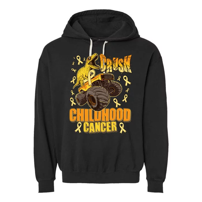 Crush Childhood Cancer Trex Dinosaur Monster Truck Wear Yellow Gold Garment-Dyed Fleece Hoodie