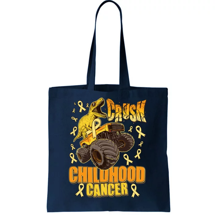 Crush Childhood Cancer Trex Dinosaur Monster Truck Wear Yellow Gold Tote Bag