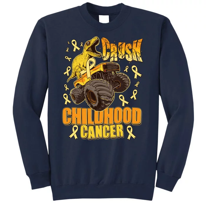 Crush Childhood Cancer Trex Dinosaur Monster Truck Wear Yellow Gold Tall Sweatshirt