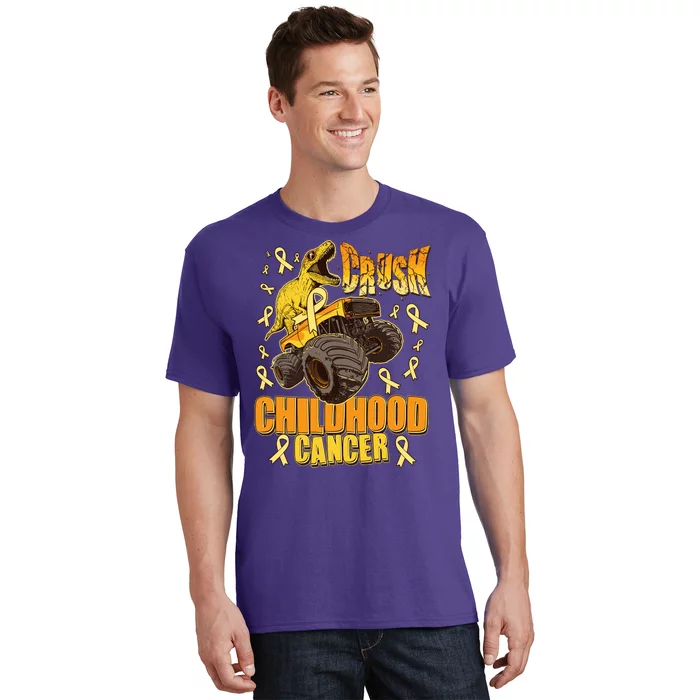 Crush Childhood Cancer Trex Dinosaur Monster Truck Wear Yellow Gold T-Shirt