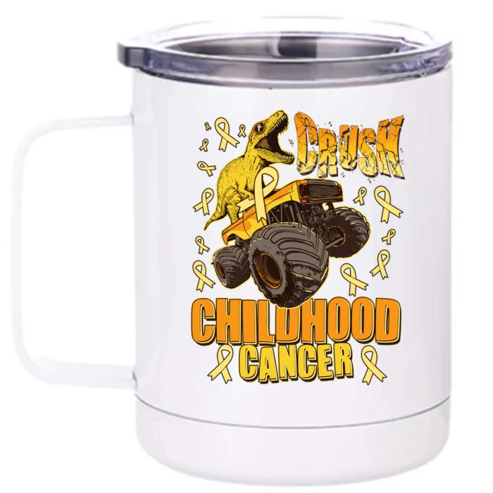 Crush Childhood Cancer Trex Dinosaur Monster Truck Wear Yellow Gold Front & Back 12oz Stainless Steel Tumbler Cup