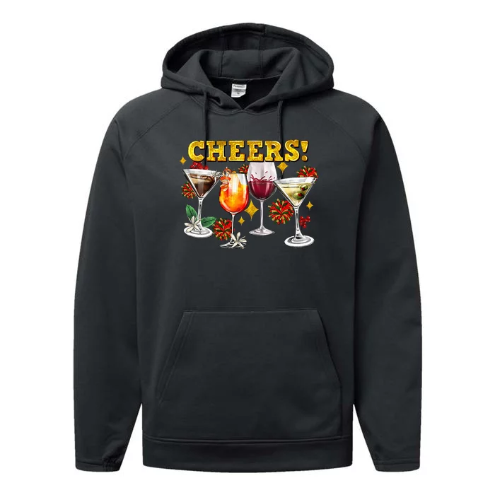 Cheers Christmas Cocktails Happy New Years Eve Party 2024 VNeck Performance Fleece Hoodie