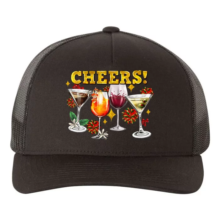 Cheers Christmas Cocktails Happy New Years Eve Party 2024 VNeck Yupoong Adult 5-Panel Trucker Hat