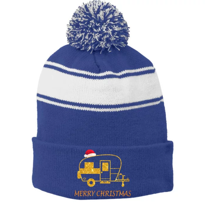 Cute Camper Christmas And Camper Funny Gift Stripe Pom Pom Beanie