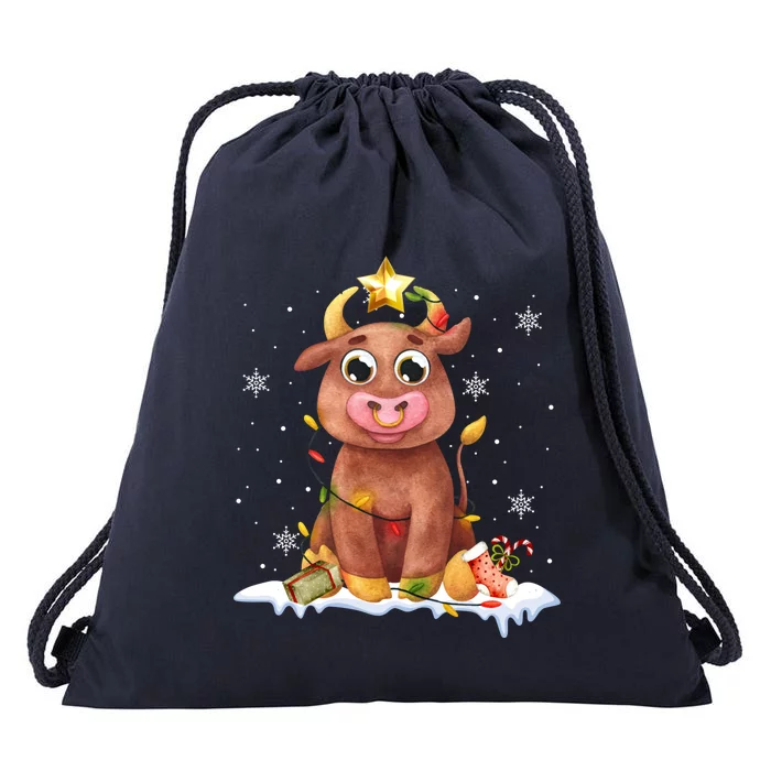 Cute Cow Christmas Lights Star Reindeer Gift Drawstring Bag