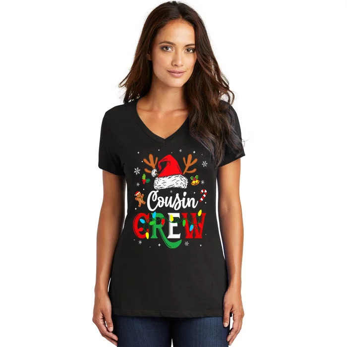 Christmas Cousin Crew Reindeer Santa Hat Lights Women's V-Neck T-Shirt