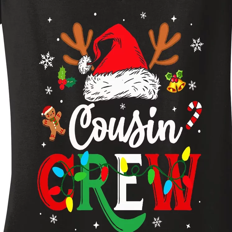 Christmas Cousin Crew Reindeer Santa Hat Lights Women's V-Neck T-Shirt