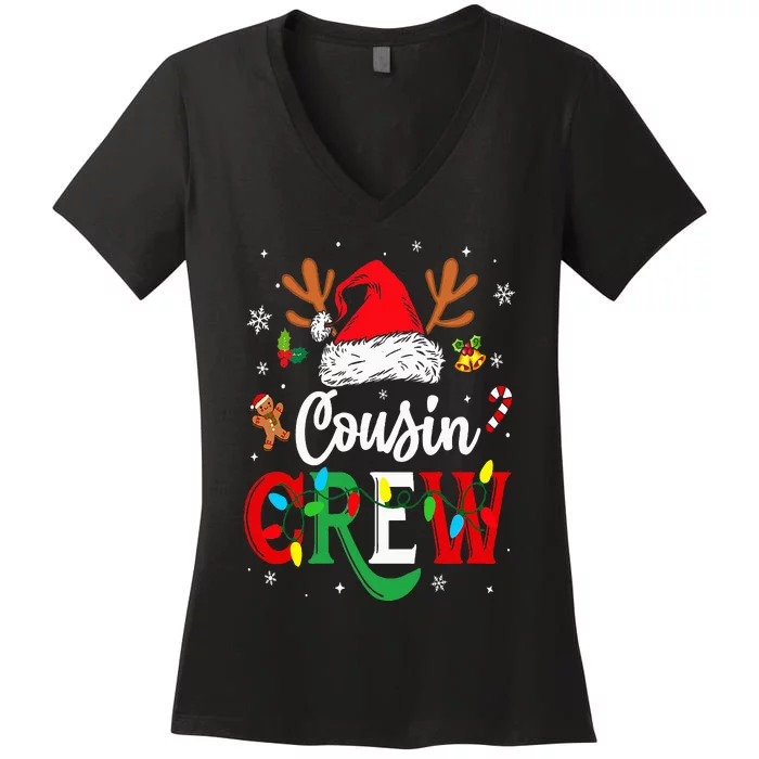 Christmas Cousin Crew Reindeer Santa Hat Lights Women's V-Neck T-Shirt