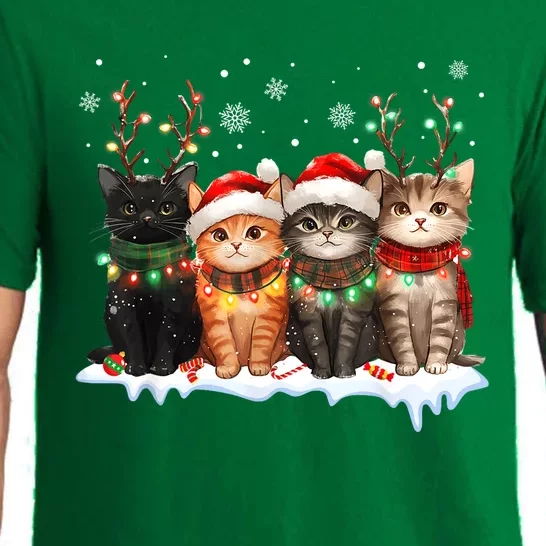 Cute Cat Christmas Light Reindeer Santa Xmas Cat Lover Gift Pajama Set