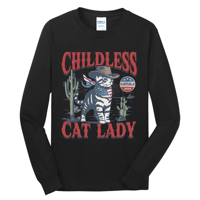 Cowboy Cat Childless Cat Lady For Kamala Election Voting Gift Tall Long Sleeve T-Shirt