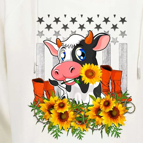 Cute Cow Cute Gift Sunflower American Flag Cow Farmer Gift Womens Funnel Neck Pullover Hood