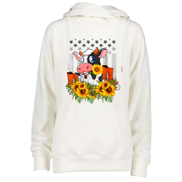 Cute Cow Cute Gift Sunflower American Flag Cow Farmer Gift Womens Funnel Neck Pullover Hood