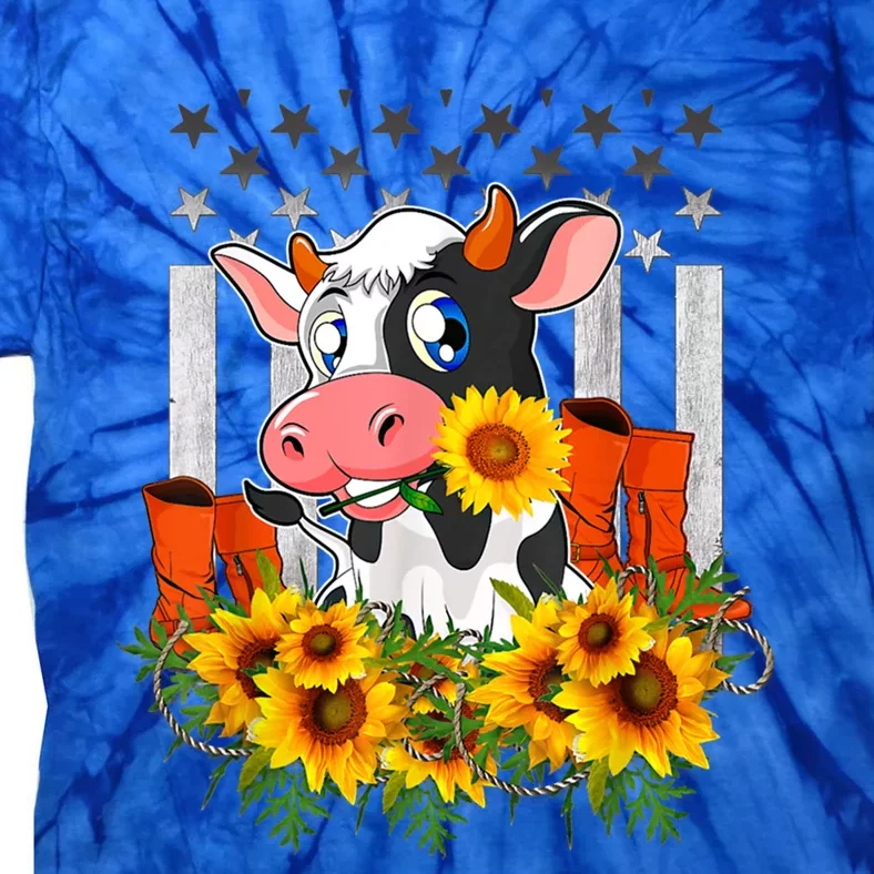 Cute Cow Cute Gift Sunflower American Flag Cow Farmer Gift Tie-Dye T-Shirt