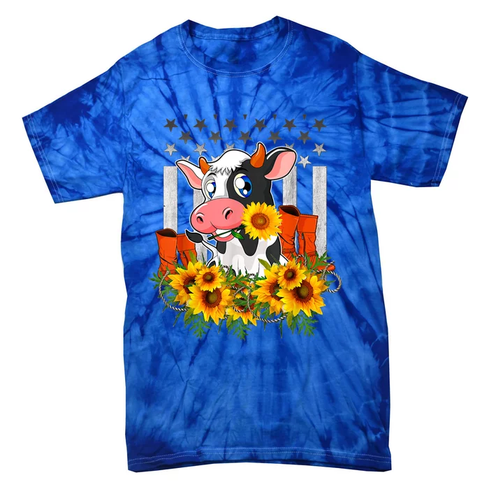 Cute Cow Cute Gift Sunflower American Flag Cow Farmer Gift Tie-Dye T-Shirt