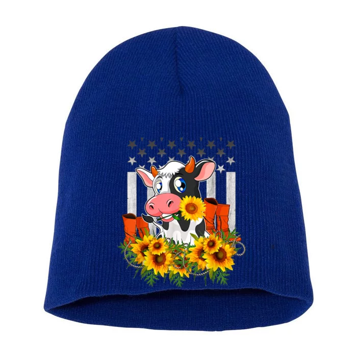 Cute Cow Cute Gift Sunflower American Flag Cow Farmer Gift Short Acrylic Beanie