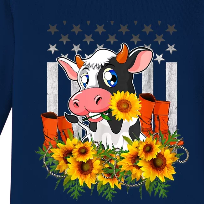 Cute Cow Cute Gift Sunflower American Flag Cow Farmer Gift Baby Long Sleeve Bodysuit