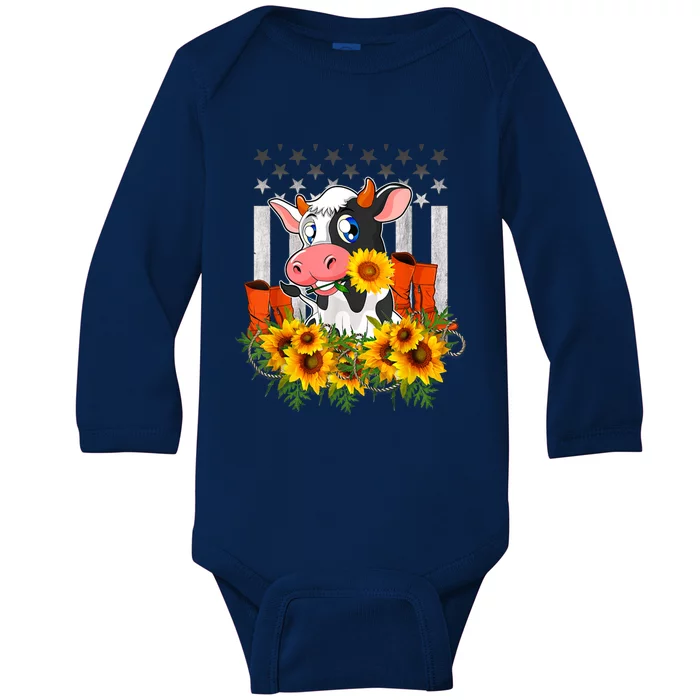 Cute Cow Cute Gift Sunflower American Flag Cow Farmer Gift Baby Long Sleeve Bodysuit