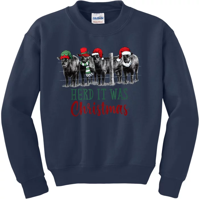 Cute Christmas Cows Herd It Was Christmas Funny Cow Shirt Kids Sweatshirt