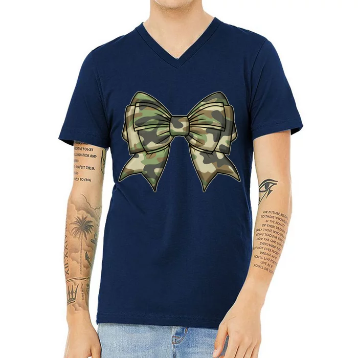 Cute Camo Coquette Ribbon Bow V-Neck T-Shirt