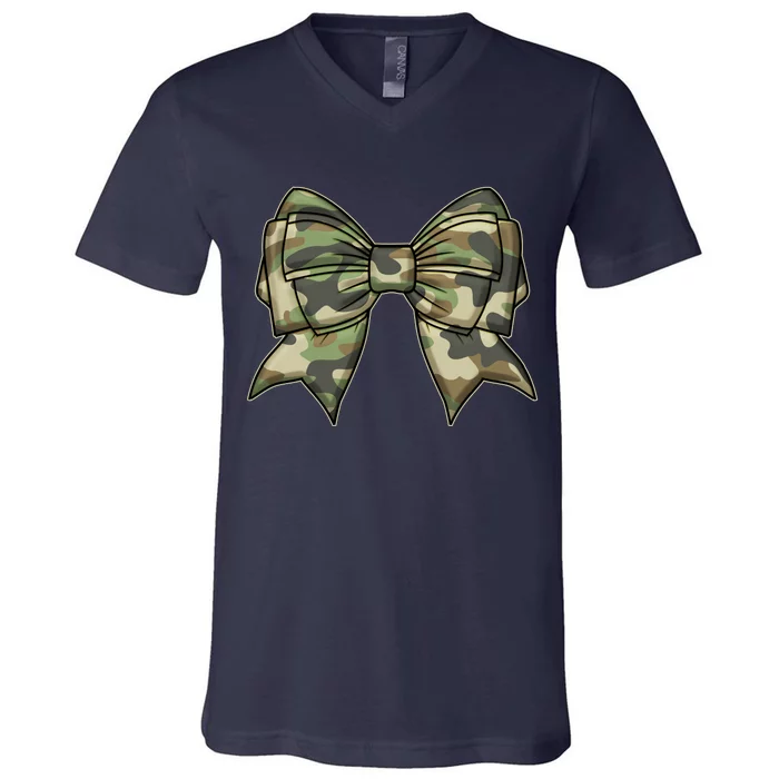 Cute Camo Coquette Ribbon Bow V-Neck T-Shirt