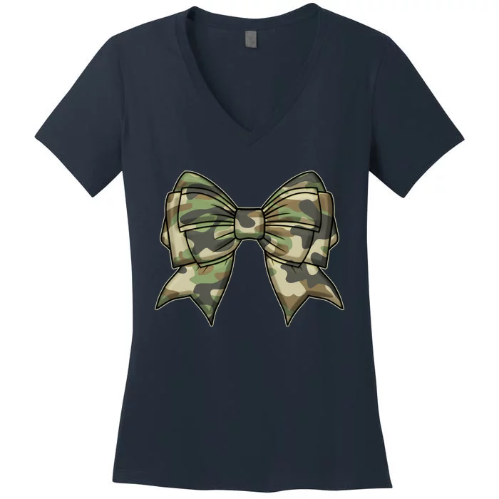 Cute Camo Coquette Ribbon Bow Women's V-Neck T-Shirt