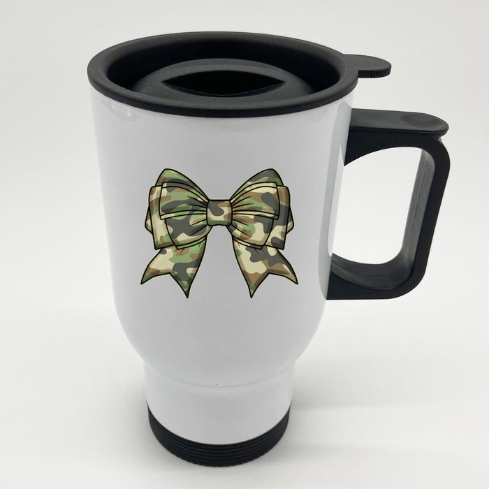 Cute Camo Coquette Ribbon Bow Front & Back Stainless Steel Travel Mug