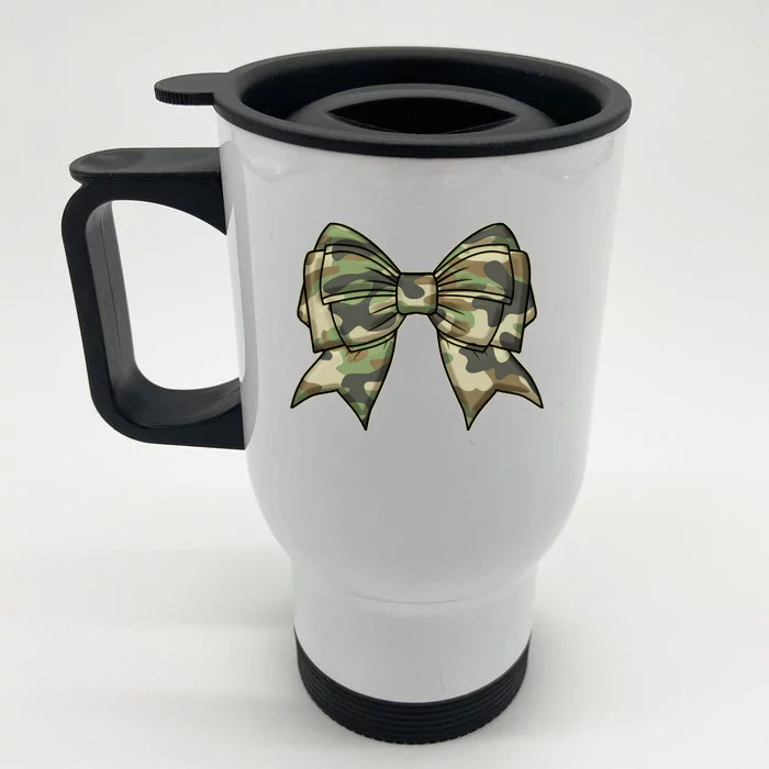 Cute Camo Coquette Ribbon Bow Front & Back Stainless Steel Travel Mug