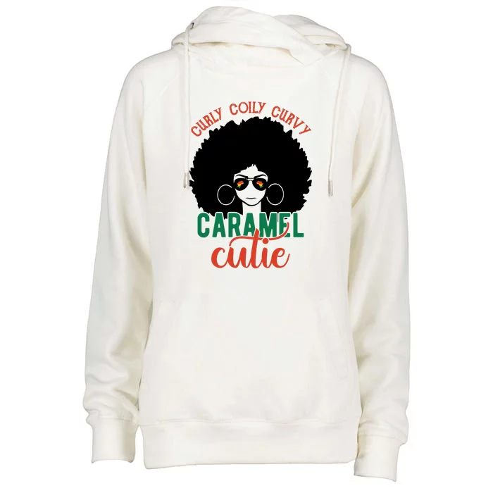 Curly Coily Curvy Caramel Cutie Black History Month Womens Funnel Neck Pullover Hood