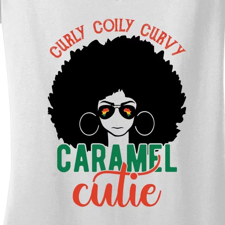 Curly Coily Curvy Caramel Cutie Black History Month Women's V-Neck T-Shirt