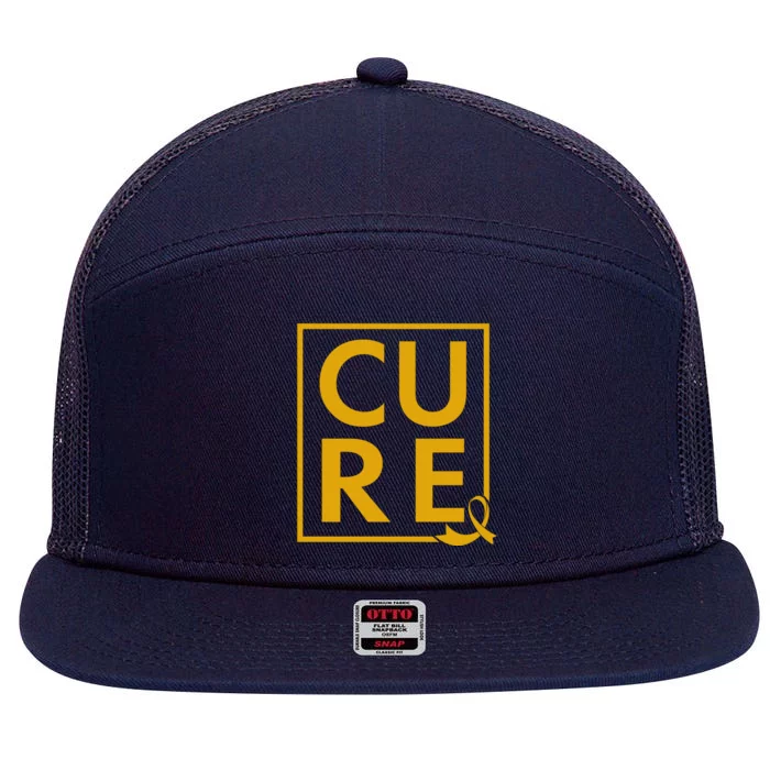 CURE Childhood Cancer Awareness Yellow Gold Ribbon 7 Panel Mesh Trucker Snapback Hat