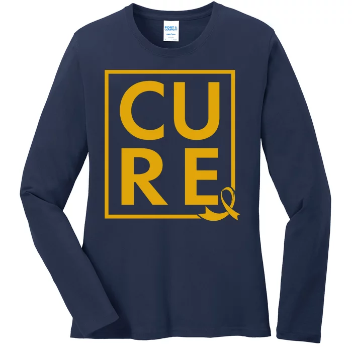 CURE Childhood Cancer Awareness Yellow Gold Ribbon Ladies Long Sleeve Shirt