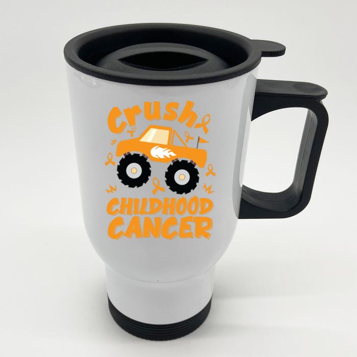 Crush Childhood Cancer Awareness Monster Truck & Gold Ribbon Front & Back Stainless Steel Travel Mug