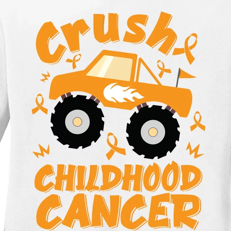 Crush Childhood Cancer Awareness Monster Truck & Gold Ribbon Ladies Long Sleeve Shirt