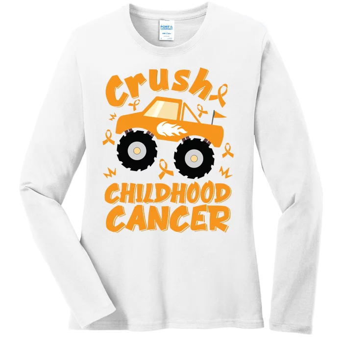 Crush Childhood Cancer Awareness Monster Truck & Gold Ribbon Ladies Long Sleeve Shirt